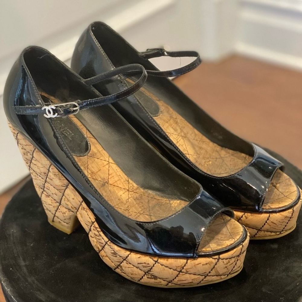 Authentic Chanel black patent wedge sandal